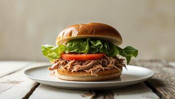 Pulled pork sandwich on a white plate photo