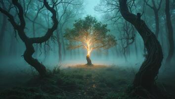 A tree in the fog with a light shining through it photo