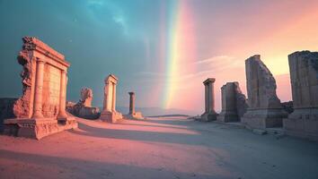 a celestial scene under a rainbow, where shadows stretch across ancient ruins photo