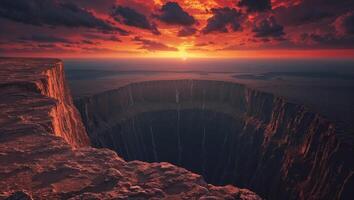 a illuminated scene at the edge of a cliff, gazing into an endless abyss beneath a burning sky photo
