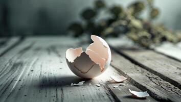 Cracked Eggshell on Wooden Surface with Natural Background in Soft Lighting photo