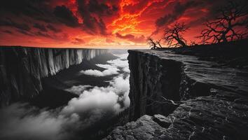 a flickering scene at the edge of a cliff, gazing into an endless abyss beneath a burning sky photo
