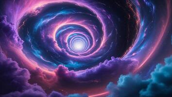 a mystical scene inside a black hole, where time bends into a spiral of infinite colors photo