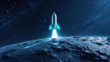 Polygonal rocket launching from planet surface into starry space photo