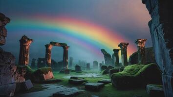 a illuminated scene under a rainbow, where shadows stretch across ancient ruins photo