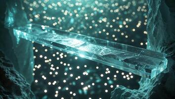 a flickering scene across a crystal bridge, suspended above a void of shimmering stars photo