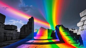 a prismatic scene under a rainbow, where shadows stretch across ancient ruins photo