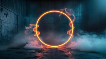 Abstract Empty Glowing Neon Orange Circular Frame On Dark Concrete Background With Fog And Smoke photo