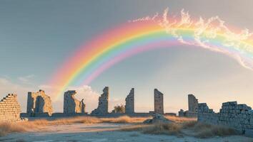 a floating scene under a rainbow, where shadows stretch across ancient ruins photo