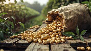 Peanuts in a sack on a wooden table photo