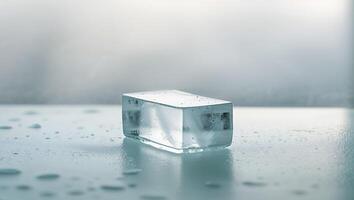 A small cube of ice sitting on a table photo