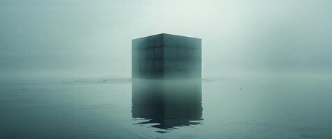 A large black cube sitting in the middle of a lake photo