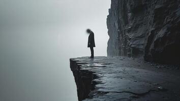 A man standing on a cliff with fog in the background photo