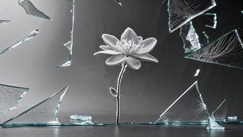 A broken glass window with a flower in it photo