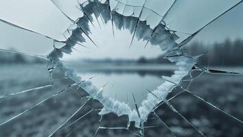 A broken window with a reflection of a lake photo