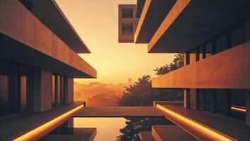 A building with a sun setting over it photo