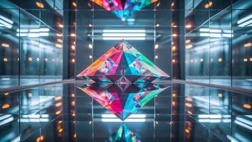 A colorful pyramid with a reflection of itself in a mirror photo