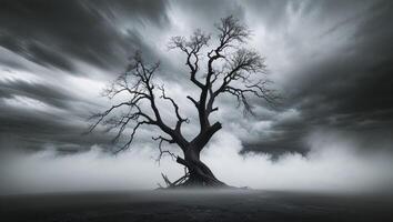 A tree in the middle of a foggy field photo