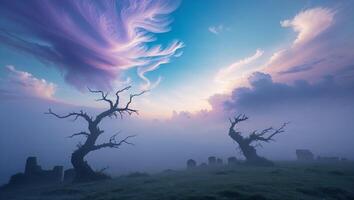 Two trees in the fog with a purple cloud in the sky photo