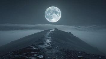 A full moon rises above a mountain in the fog photo