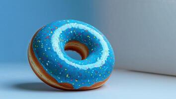 A blue donut with sprinkles on top of a table photo