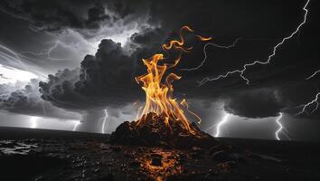 A fire is burning in the middle of a storm photo