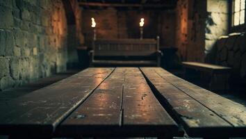 An empty wooden table in a stone room photo