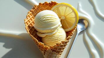 Refreshing Lemon Ice Cream in a Waffle Cone A Summer Delight with Zesty Lemon Garnish photo