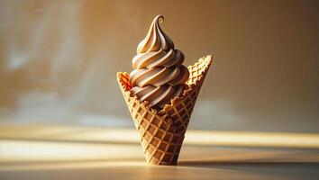 Delicious Caramel Swirl Soft Serve Ice Cream in a Crunchy Waffle Cone on a Golden Background photo