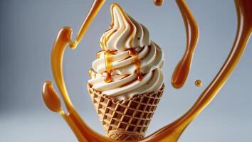 Delicious Caramel Swirl Soft Serve Ice Cream in a Waffle Cone with Golden Caramel Drizzle photo