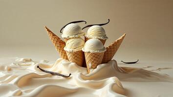Scoops of Refreshing Vanilla Ice Cream in Waffle Cones with Vanilla Beans on a Soft Beige Background photo