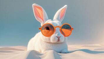Summer Cool Down Playful White Rabbit Sporting Trendy Sunglasses Enjoys the Sunny Background photo