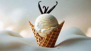 Scoops of Refreshing Vanilla Ice Cream in a Crispy Waffle Cone Topped with Fresh Vanilla Bean photo