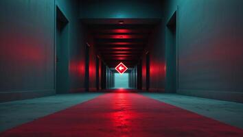 Illuminated Red Exit Sign in Long Empty Corridor Highlighting Potential Evacuation Route photo