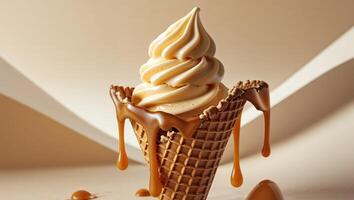 Delicious Caramel Swirl Ice Cream Scoop in Waffle Cone on Beige Background with Caramel Drizzle photo