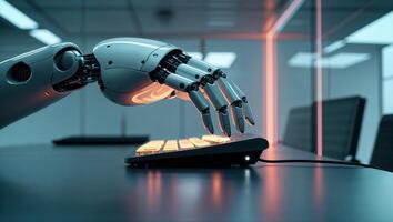 Robot Hand Typing On Illuminated Keyboard With Futuristic Office Background And Copy Space photo