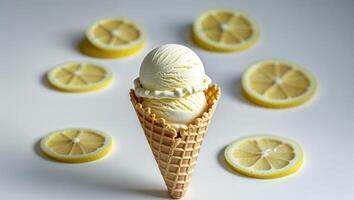 Refreshing Lemon Ice Cream in a Waffle Cone Surrounded by Fresh Lemon Slices on White photo