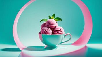 Refreshing Raspberry Sorbet in a Cup on Bright Teal Background With a Sprig of Fresh Mint photo