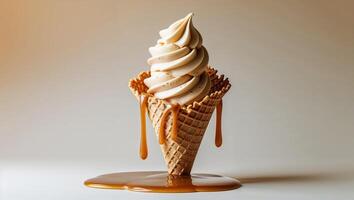 Caramel Swirl Ice Cream In Waffle Cone On Light Background With Delicious Caramel Drizzle photo