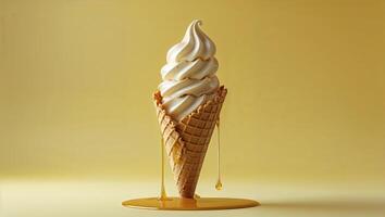 Caramel Swirl Soft Serve Ice Cream Melting In A Waffle Cone On A Solid Yellow Background photo