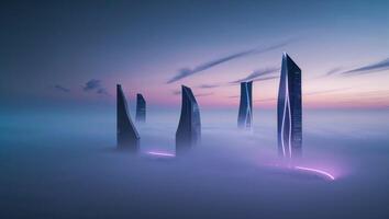 surreal shapes emerging in a whispering over a futuristic skyline photo
