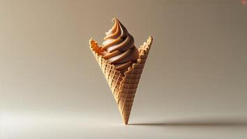 Tempting Caramel Swirl Soft Serve Ice Cream Treat in a Crisp Waffle Cone on a Soft Beige Background photo