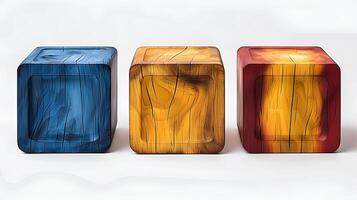 Colorful Wooden Cubes Abstract Design Three Vibrant Wood Grain Textured Blocks photo