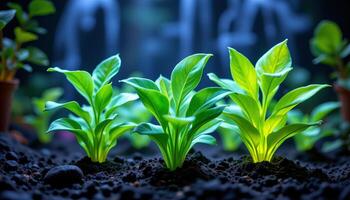 joven verde plantas creciente en oscuro suelo con suave brillante ligero en antecedentes foto