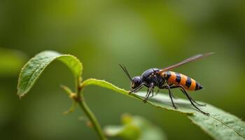 Insect with orange and black stripes resting on green leaf in natural environment photo