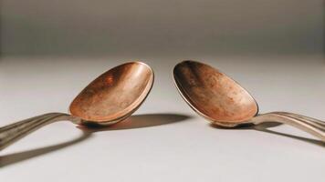 Close up of two antique spoons facing each other on a white surface in soft lighting photo