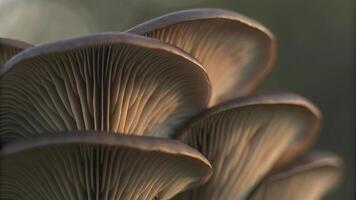 A close up shot of several oyster mushrooms showing their gills and cap edges well photo