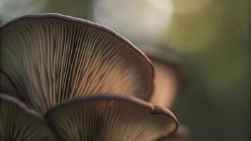 Close up view of the gills of a mushroom with a blurred background in soft light photo