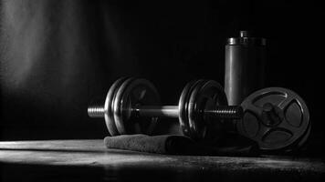 A dumbbell and water bottle on a surface with a towel in a dark black and white scene photo