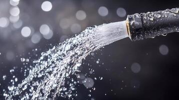 Stream of water flows from a garden hose creating sparkling droplets in sunlight at a backyard setting photo